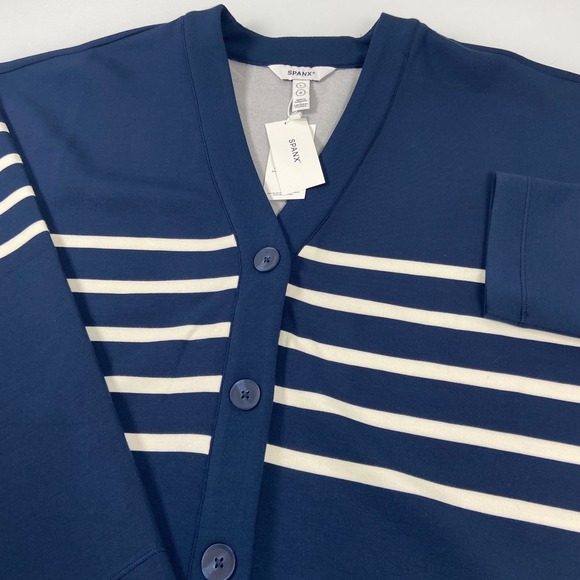 SPANX Sweaters - SPANX Women's L AirEssentials Cardigan Stripe Navy White Button Front V Neck NEW